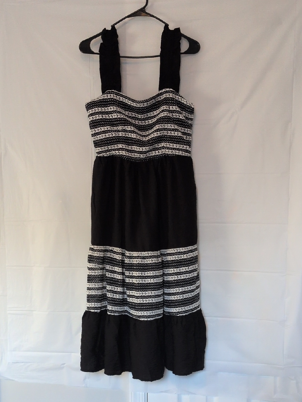 Draper James Striped Crochet Smocked Midi Dress Black White Boho Summer.